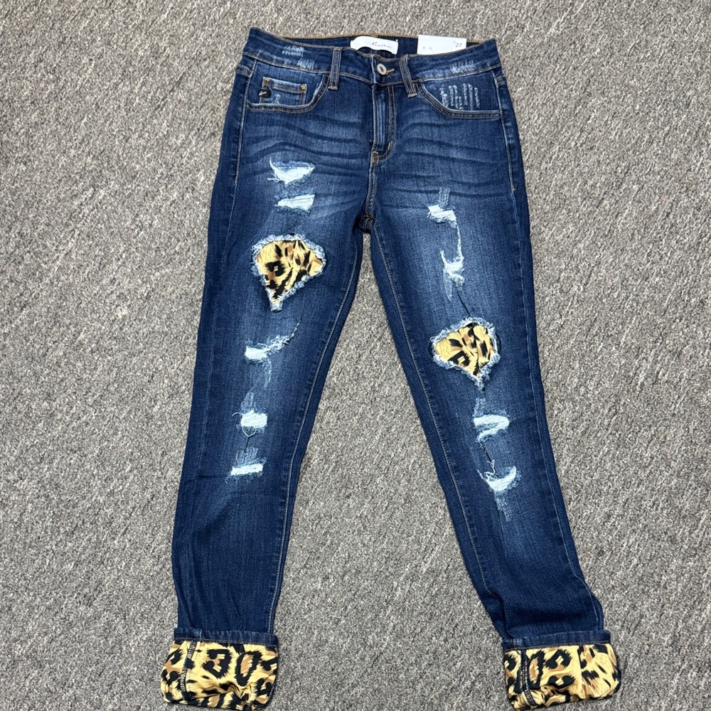 KanCan Stylish Blue Distressed Jeans with Leopard Accents